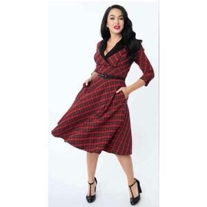 Unique Vintage Red Black Tartan Plaid 1950’s Trudy Swing Dress XL 14 NWT